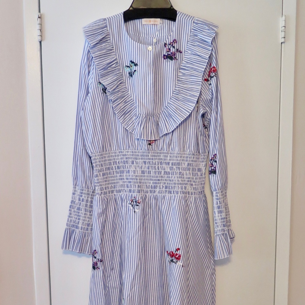 NWT TORY BURCH Striped Midi Dress Embroidery & Sequin Embellished